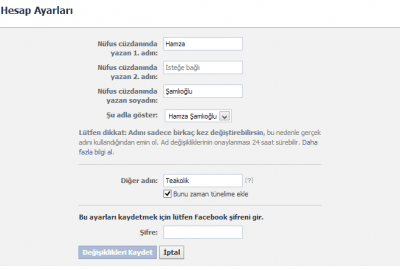 Facebook isim değiştiremiyorum